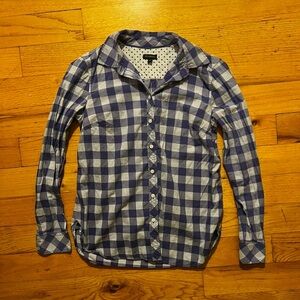 Talbots 2000s Vintage Twee Purple and White Plaid Button Up Blouse